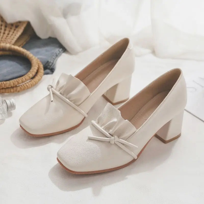 Women's Summer Footwear with Bow Shoes for Woman 2024 on Heeled High Heels Square Toe Pumps Casual 39 Comfortable and Elegant A