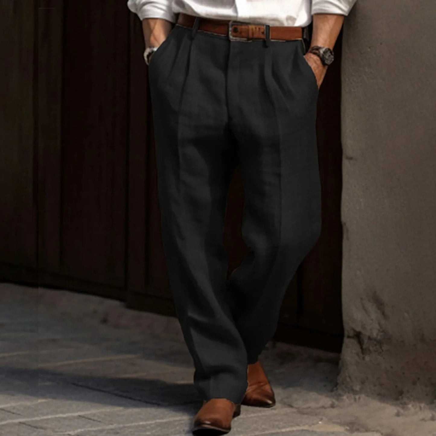 Man Pants Casual pantalones hombre Front Pocket Wide Leg Pants Elastic Waist Belt Loose Comfortable breathable Daily Pants