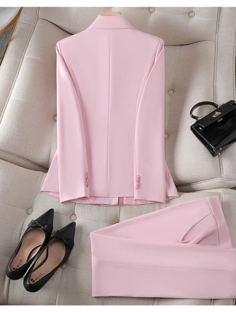 Fashion Pink White Women Pant Suit 2 Piece Set Office Ladies Female Business Work Wear Formal Blazer Jacket And Trouser
