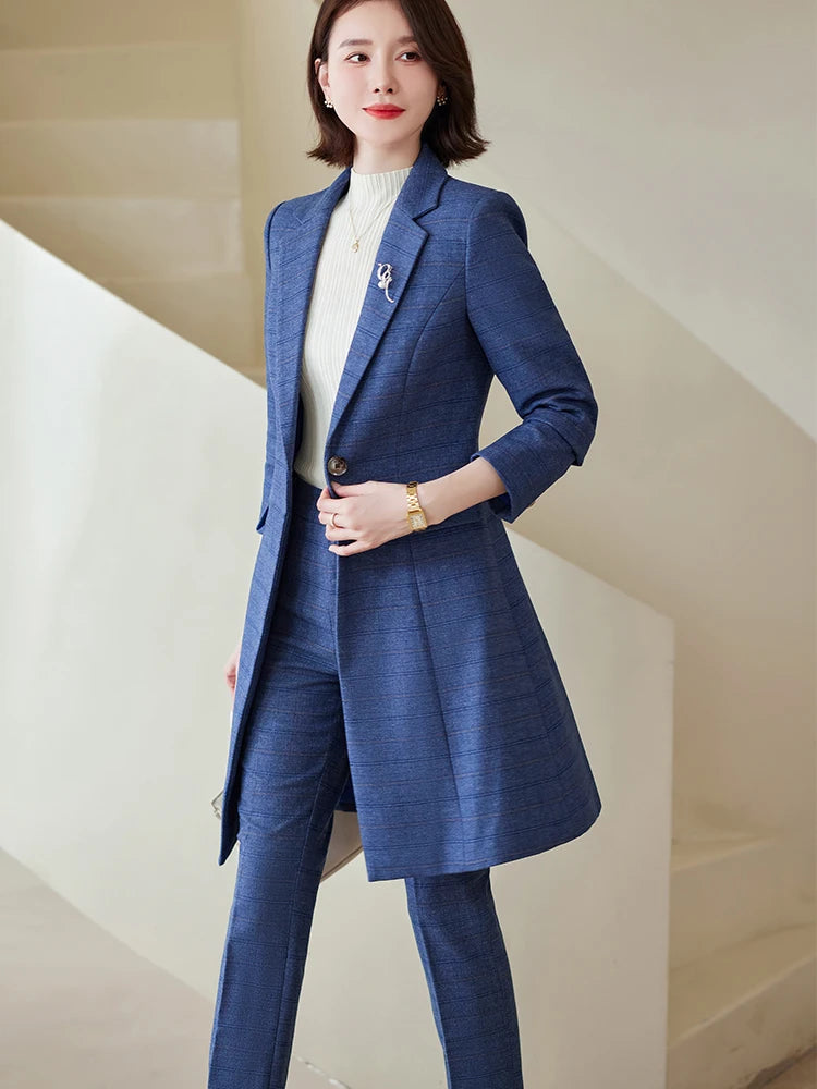 Women Work Business Wear Pant Suit Red Blue Black Coffee Plaid Long Blazer 2 Pieces Set Female Office Ladies Jacket and Trouser