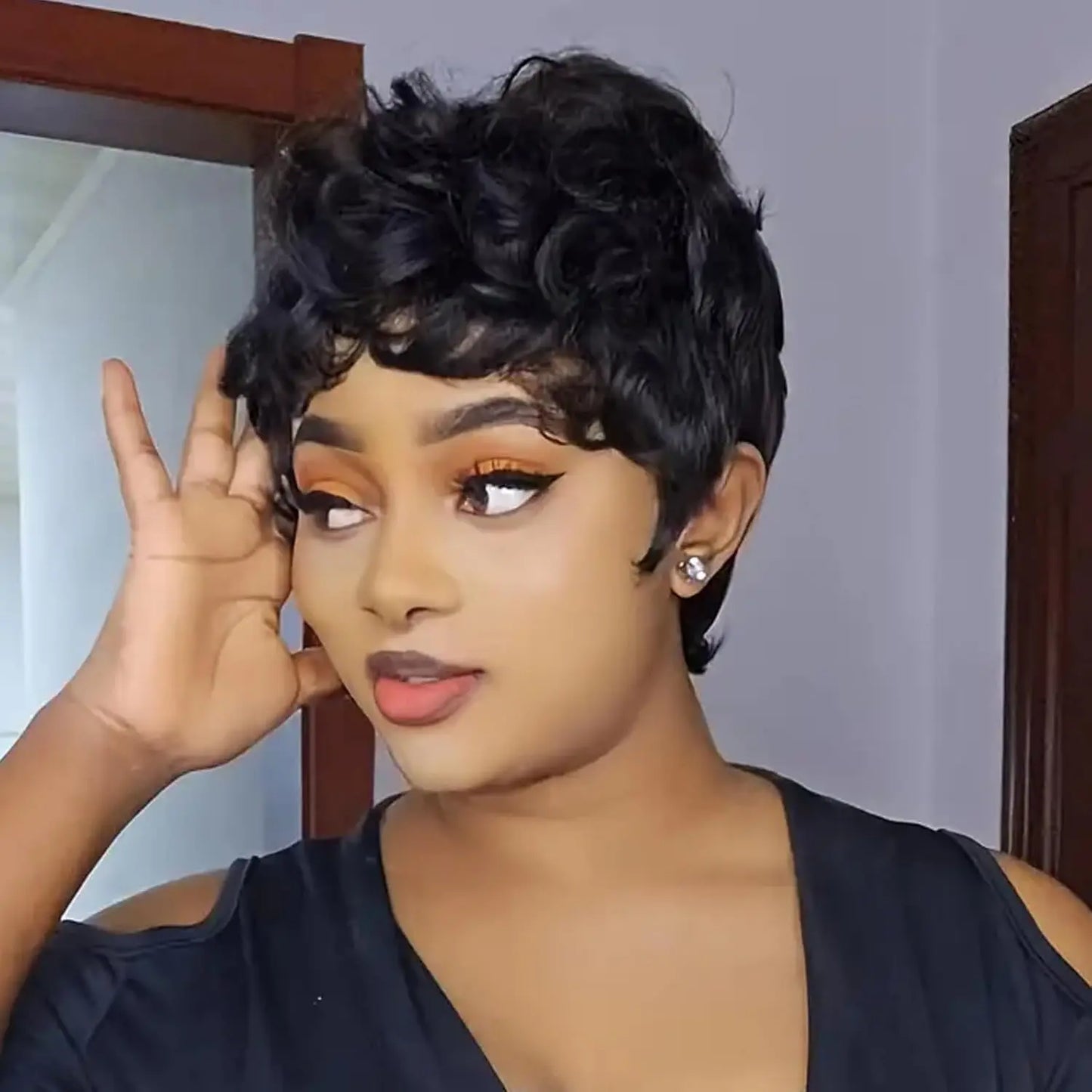 Short Curly Human Hair Wigs Perruques Humain Pour Femme Wig with Bangs Machine Pixie Cut Wig Afro Kinky Curly Wig Bob Wig
