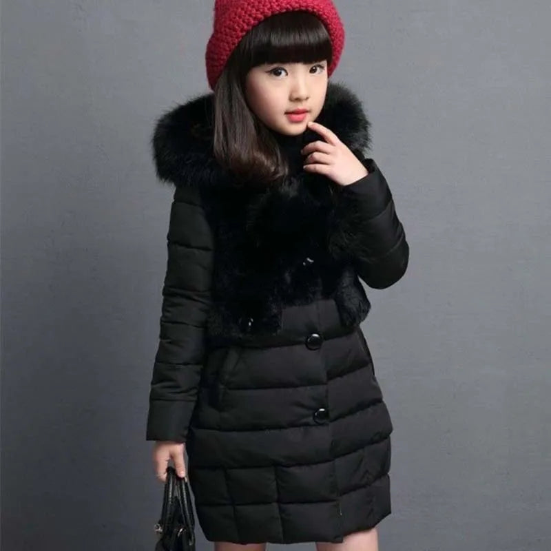 2024 Winter Warm Jackets for Girls Fashion Fur Hooded Children Girls Waterproof Outwear Kids Cotton Lined Parkas