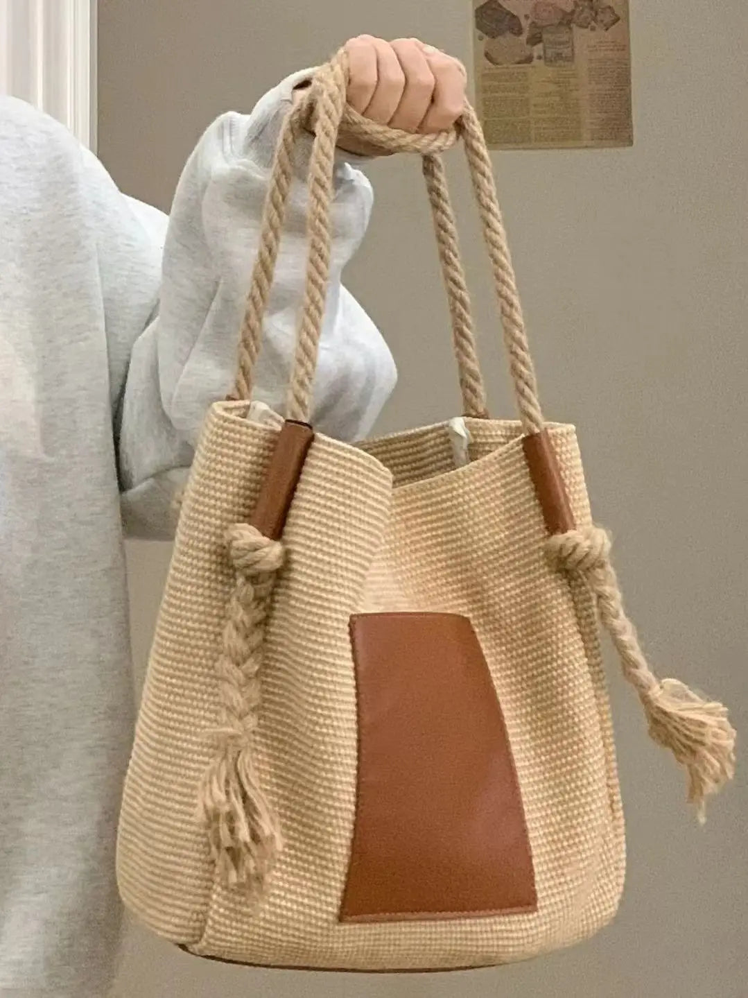PU Leather Bucket Shoulder Bags for Women Woven Rope Hand Bag Female Large Handle Bag Purse