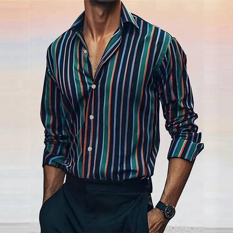 Men's striped shirt fashionable casual outdoor long sleeved lapel button soft and comfortable material new style