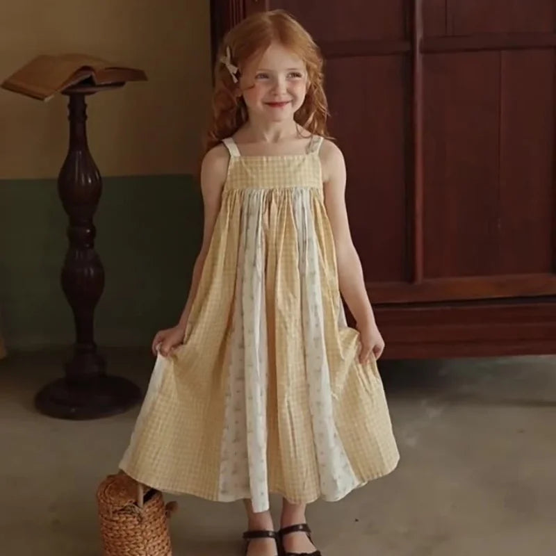 Summer New Girls' Dresses Children's Cotton Plaid Sling Dress Baby Kids Clothing Cute Casual Dress