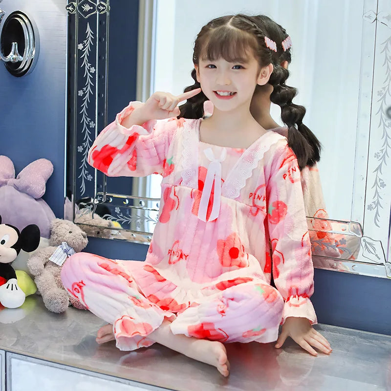 Children Sleepwear Fall Winter Flannel Girl Warm Clothes Suit Sleepwear Children's Pyjamas Nightgown Warm Plush Night Clothes
