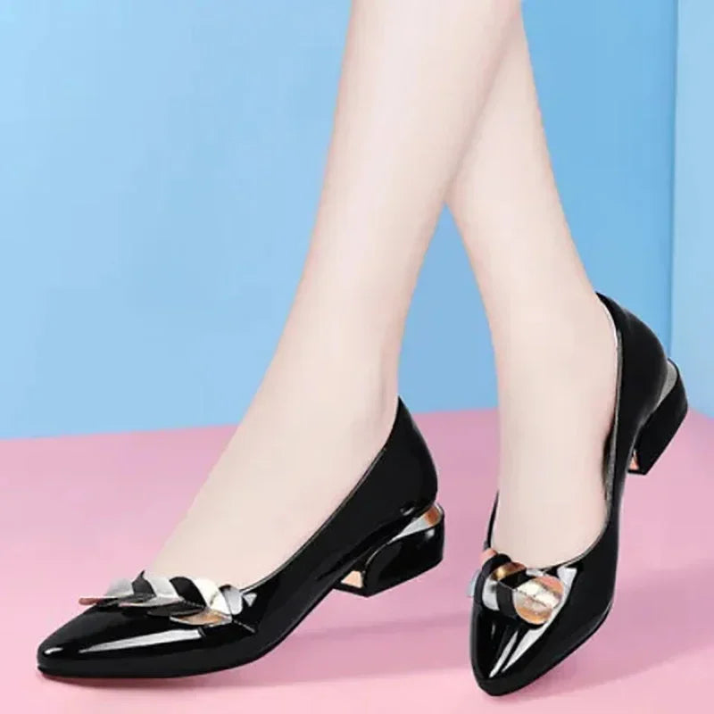 2024 Women Dress Shoes Patent Leather Mid Heel Pumps Fashion Shoes Pointed Toe Slip on Office Ladies Zapatos Black Women Shoes