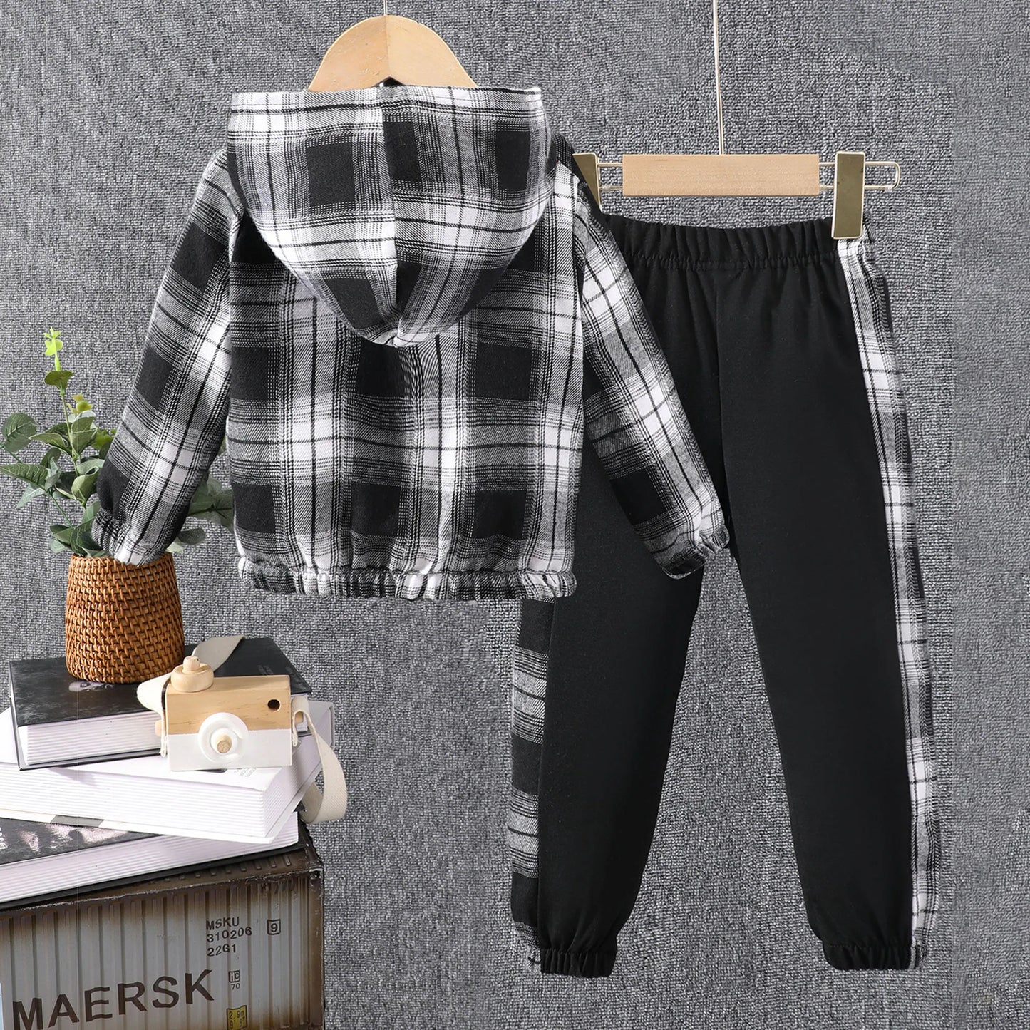 2pcs Boy's Plaid Button Hooded Outfit, Hoodie & Pants Set, Boys Clothes, As Gift
