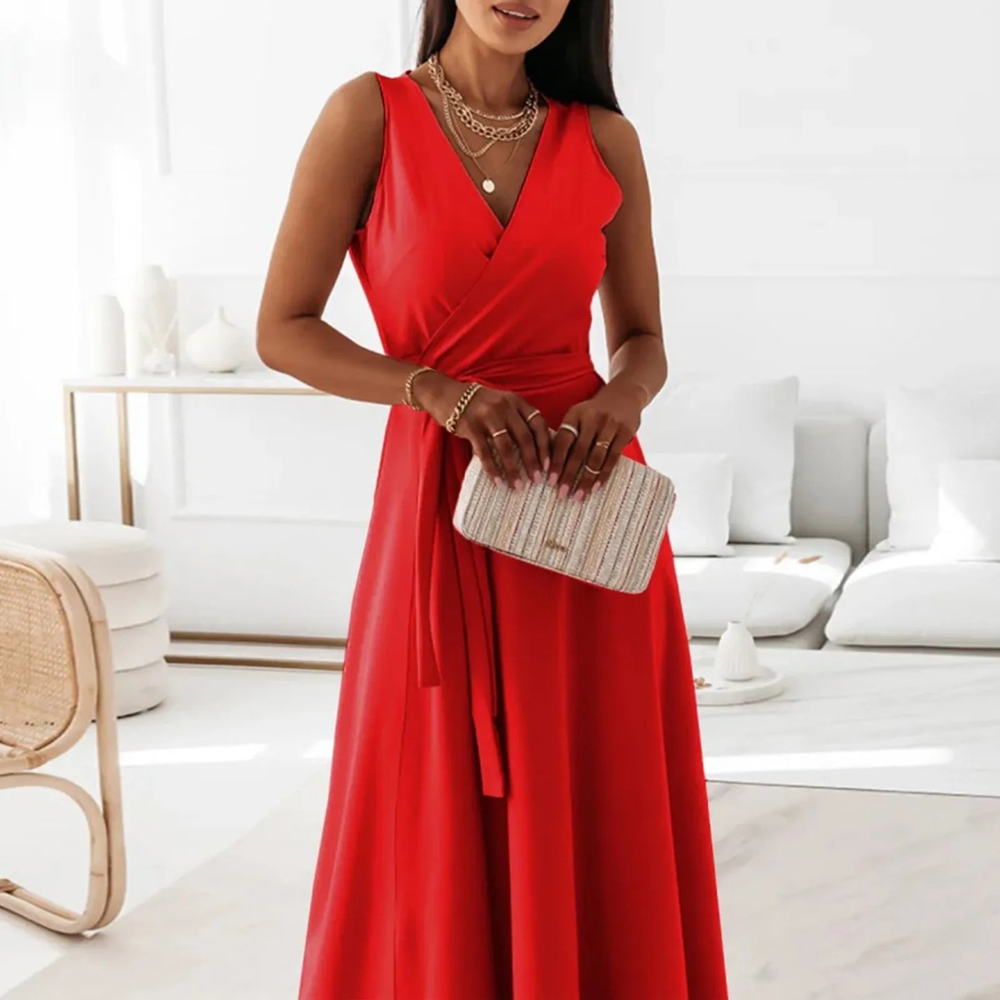dresses for women elegant party dresses V-neck Sleeveless Belt Evening Dresses Solid Color Solid Color dress vestidos femenino