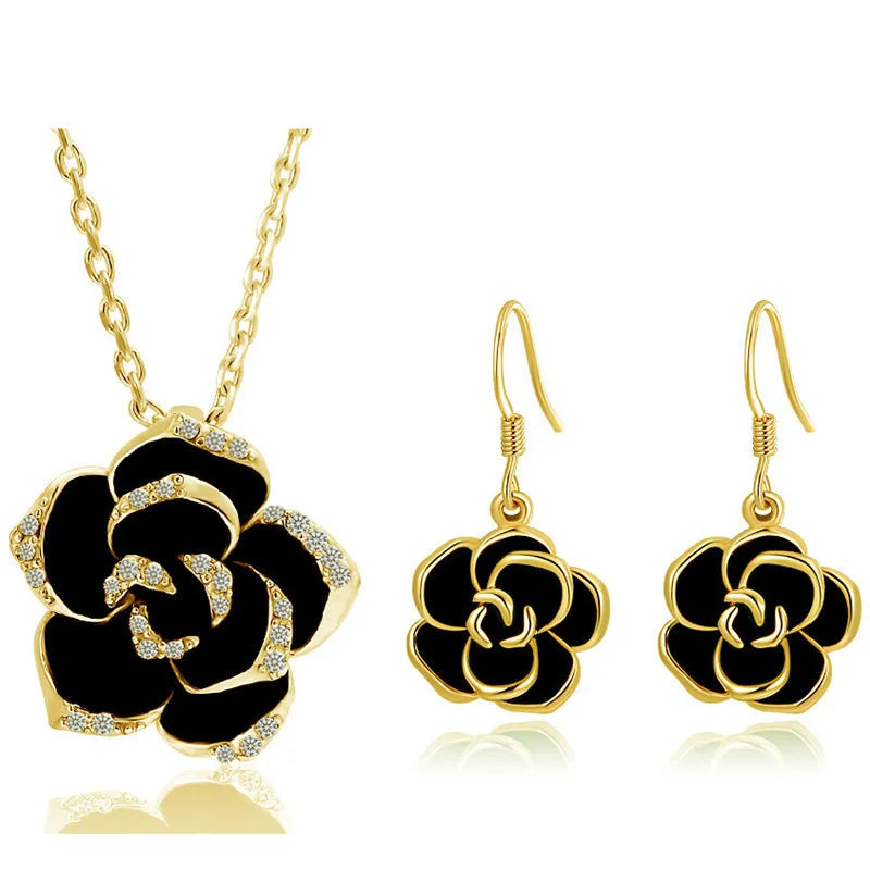 Fashion Rose Flower Enamel Jewelry Set Rose Gold Color Black Painting Bridal Jewelry Sets for Women Wedding