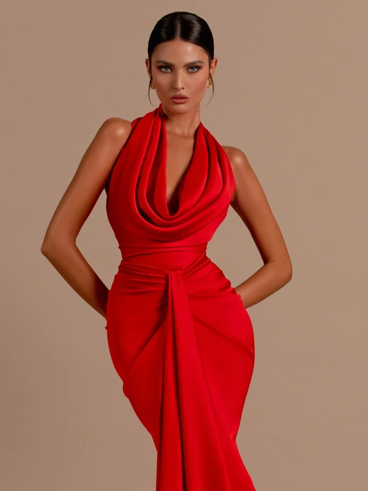 Sexy Swinging Collar Backless Pleated Long Dress Women Red Stain Sleeveless Draped Design Maxi Dress Celebrity Party Club Runway