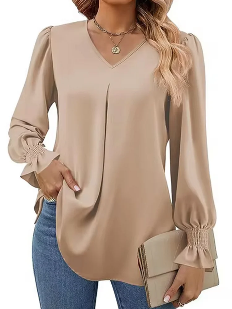 Women's Simple Solid Color V-neck Long Sleeve Top Lady Fashionable T-shirt Elegant Autumn Work Clothes