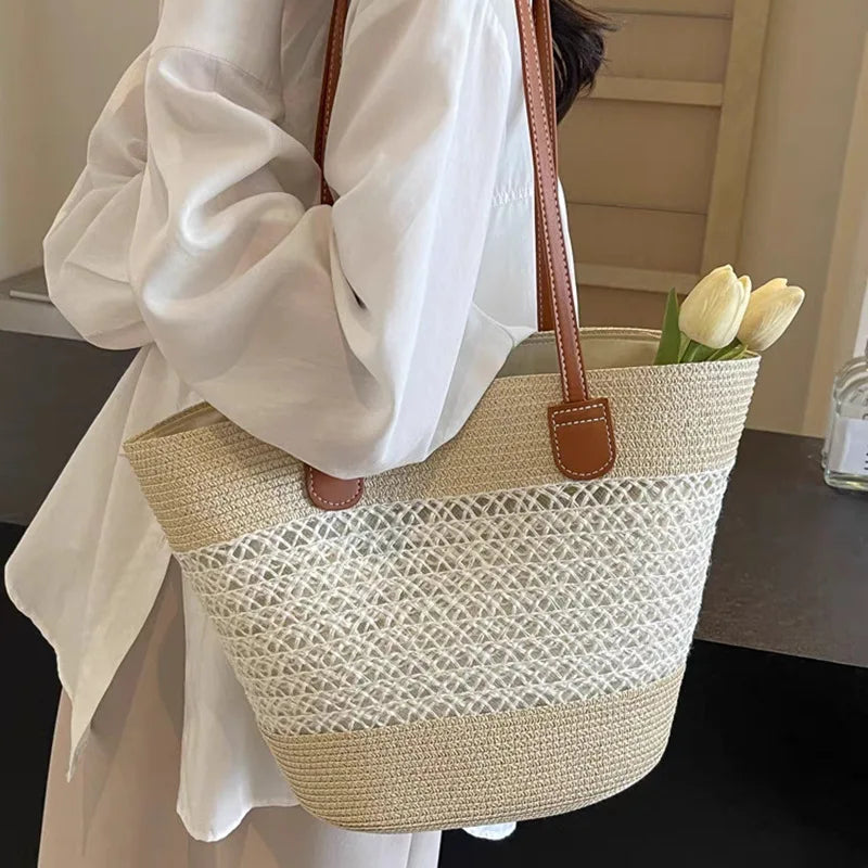 2025 New Beach Seaside Handbag Women's Summer Straw Bag Inswind Outdoor Travel Vacation Beach Bag Large Capacity Shoulder Bag