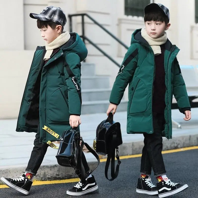 2025 Boys down Winter Thick Coat Teen Parka Children Plus Velvet Warm Jackets Fashion Hooded Outwear Kids Clothes 4 8 10 12 year