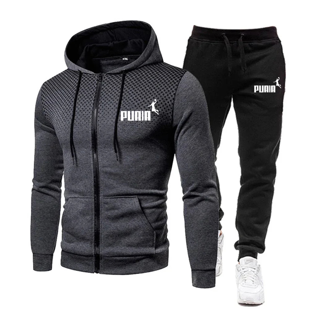 2025 New men's sportswear hooded printed top + leisure entertainment trend polka dot fast run leisure fitness sportswear set