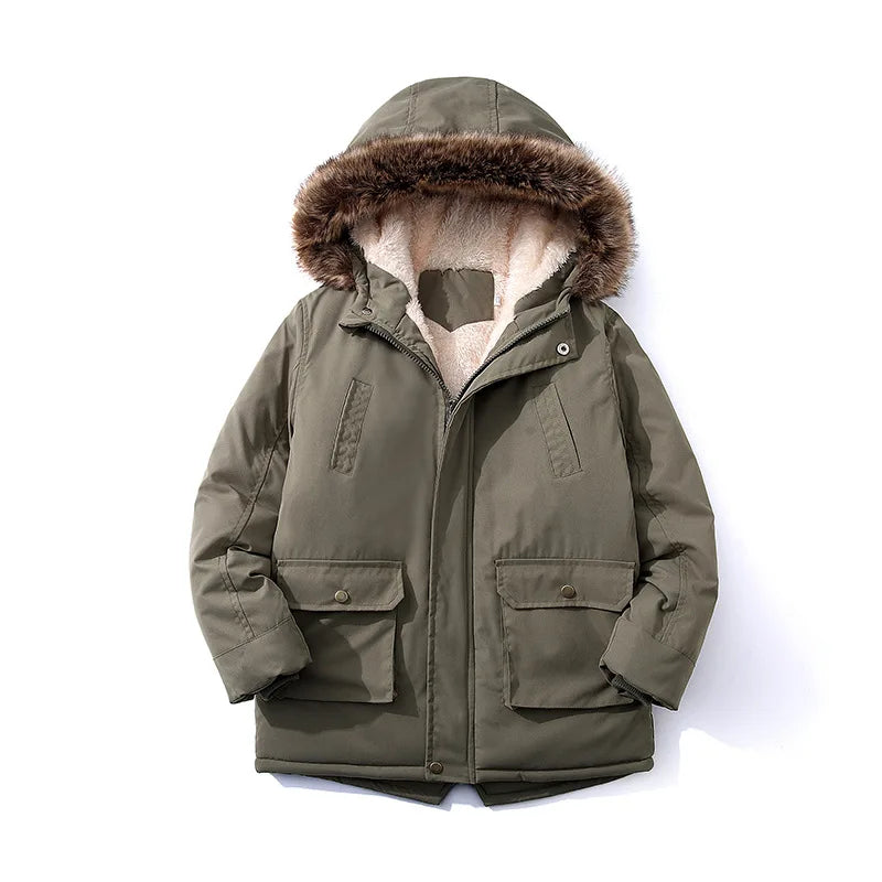 Children's down jacket new winter boys' and girls' Plush warm medium length jacket hooded large wool collar cotton padded jacket