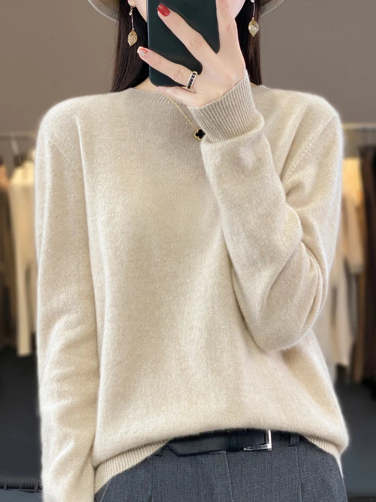Autumn Winter Women Clothing Pullover New Fashion 100% Merino Wool Sweater Cashmere Tops Basic O-Neck Long Sleeve Knitwear