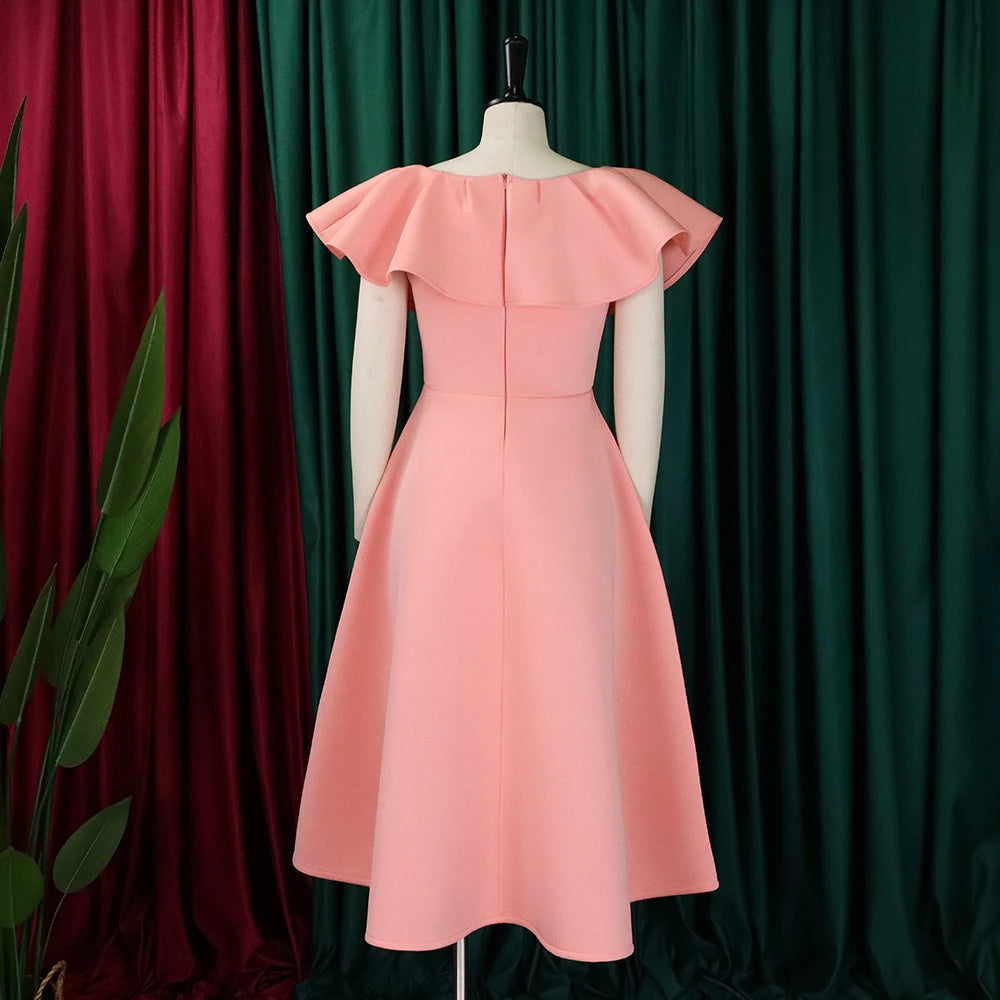 Elegant Party Dresses Women Round Neck Ruffles Sleeve High Waisted A Line Pleated Mid Calf Luxury Female Birthday Dinner Dress