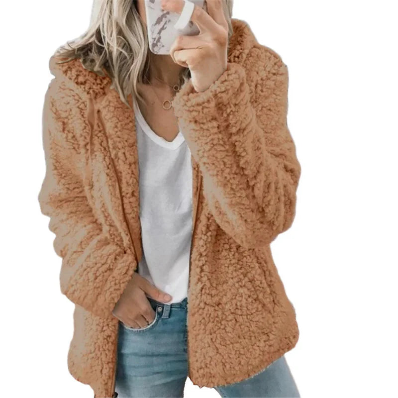 2025 Winter Clothes Women Elegant Bear Teddy Faux Fur Coat Thick Warm Soft Fleece Jacket Female Pocket Zipper Coat Veste Femme