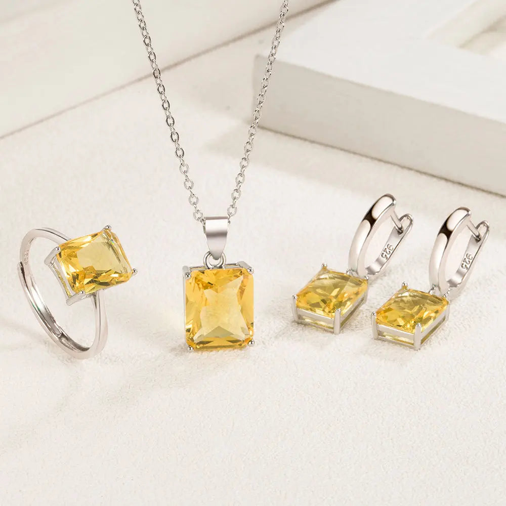 925 Sterling Silver Elegant Jewelry Sets Ring Earrings Necklace For Women Rectangle Geometry Zircon Wedding Accessories