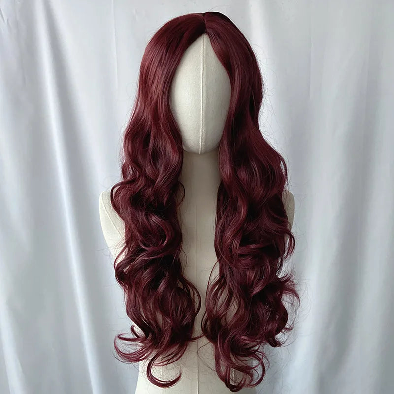 European and American Synthetic Wig Wine Red In Large Waves Long Curly Hair Women Fashion Daily Party Use Full Head Cover