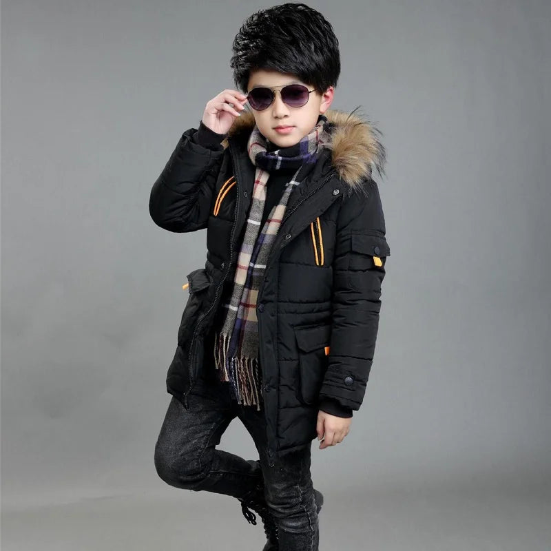 Children's down jacket new winter boys' and girls' Plush warm medium length jacket hooded large wool collar cotton padded jacket