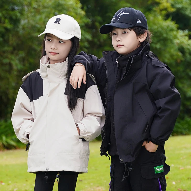 Children Thicken Detachable Liner Winter Warm Fleece Outdoor Windproof Waterproof Rain Coat Lightweight Men Women 3-in-1 Jacket
