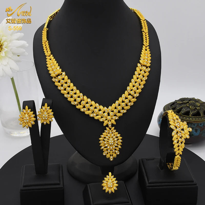 ANIID African Jewelery Sets Flower Earrings Choker Necklace Bracelet Hawaiian Indian Dubai Golden Jewelry For Women Accessories