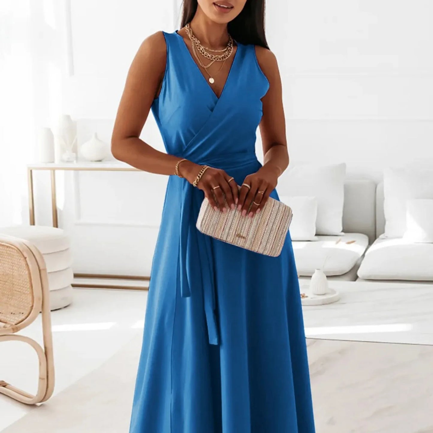 dresses for women elegant party dresses V-neck Sleeveless Belt Evening Dresses Solid Color Solid Color dress vestidos femenino