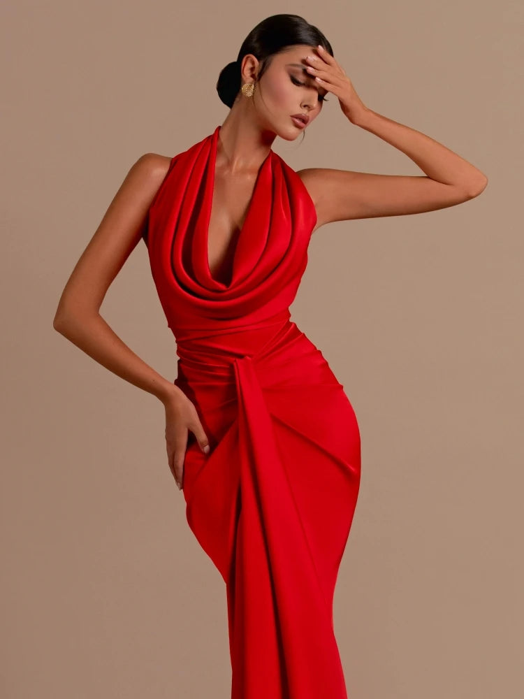 Sexy Swinging Collar Backless Pleated Long Dress Women Red Stain Sleeveless Draped Design Maxi Dress Celebrity Party Club Runway