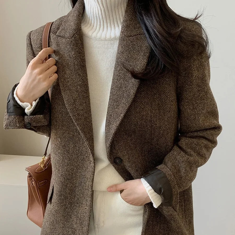 Women Blazers Coats Notched Full Sleeve Slim Fit Elegant Splice Suits Single Breasted Coat Autumn Winter 2024 Blazer Outerwear