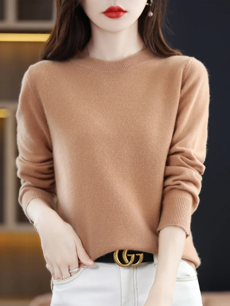 Autumn Winter Women Clothing Pullover New Fashion 100% Merino Wool Sweater Cashmere Tops Basic O-Neck Long Sleeve Knitwear