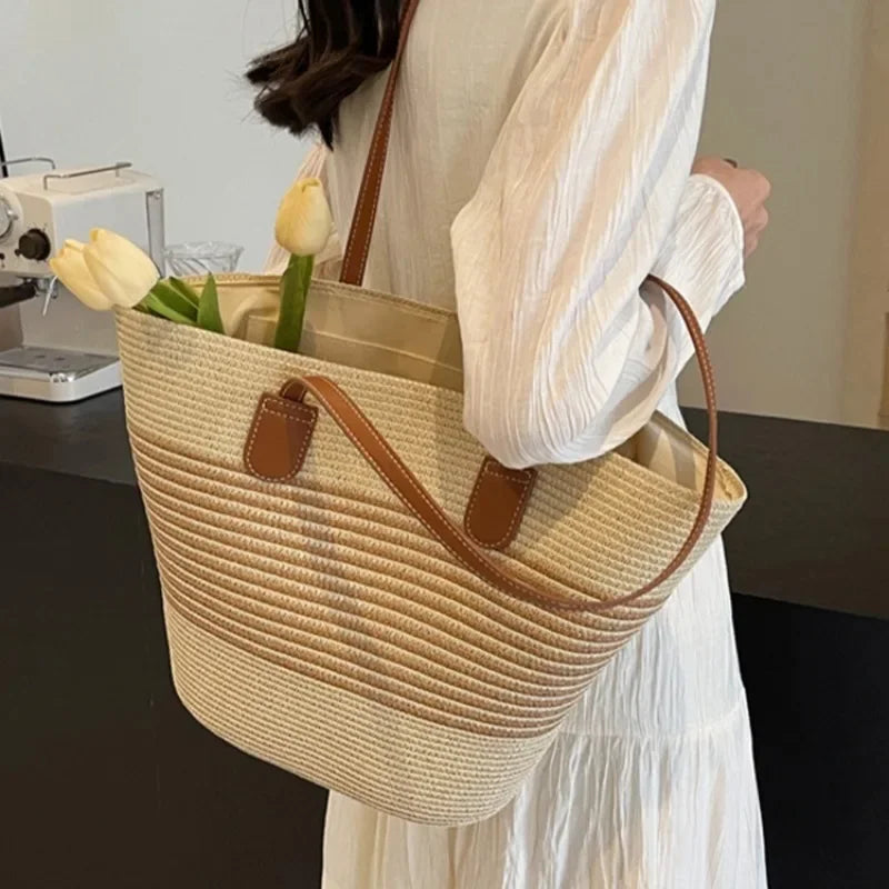 2025 New Beach Seaside Handbag Women's Summer Straw Bag Inswind Outdoor Travel Vacation Beach Bag Large Capacity Shoulder Bag