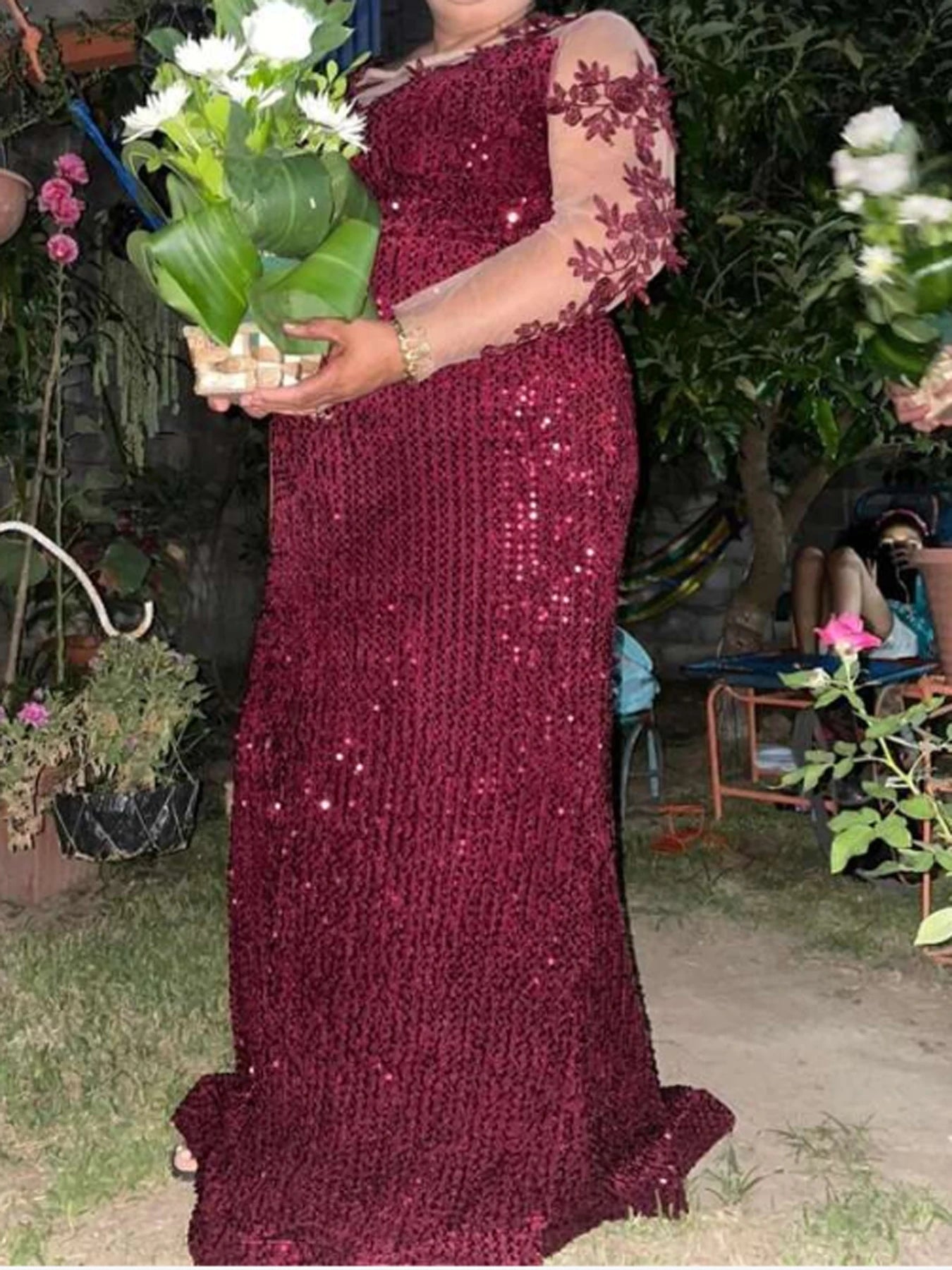 Curve Evening Party Long Dress Lace Patchwork Sequined Velvet Full Sleeved Hollow Out Maxi Prom Gown for Women