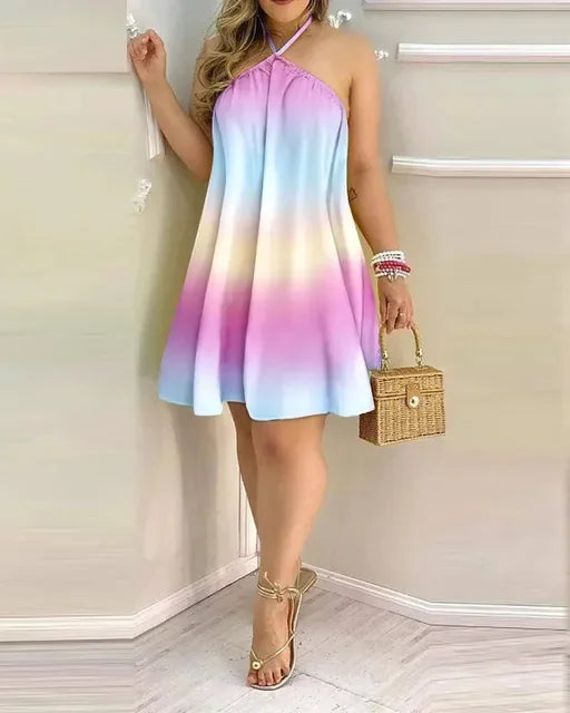 Dresses For Woman 2025 Sexy Sleeveless Backless Short Mini Dress Loose Halter Neck Print Beach Sundress Floral Vestidos S-3XL