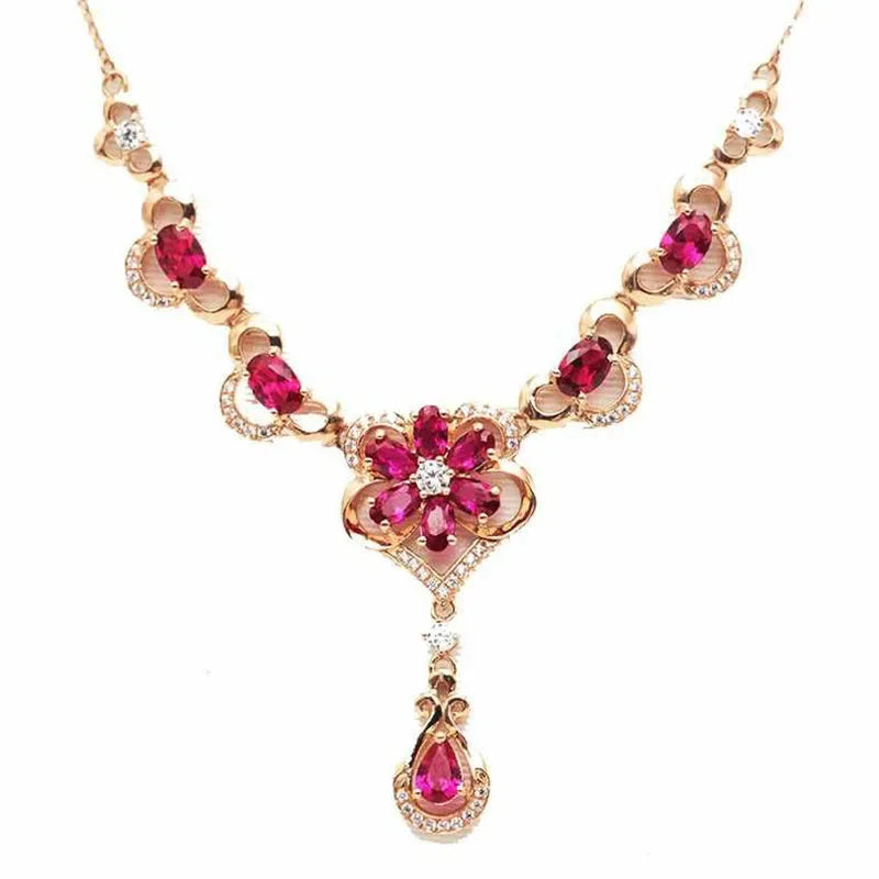 Luxury Rose Golden Elegant Flower Ruby Necklace for Women Romantic Luxury Crystal Pendant Dinner wedding Jewelry