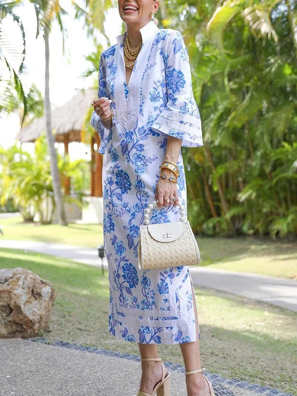 Yeezzi 2025 New Female Elegant Floral Printed Split-Side Party Evening Dresses Spring Summer Flared Sleeves V-Neck Banquet Dress