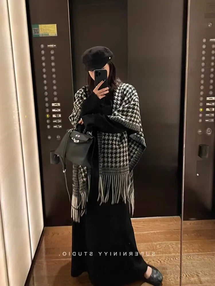 2024 Winter Women Faux Woolen Loose Tassel Shawl Capes Cashmere Wear Warm Thick Poncho Cardigan Lady Printed Plaid Blanket