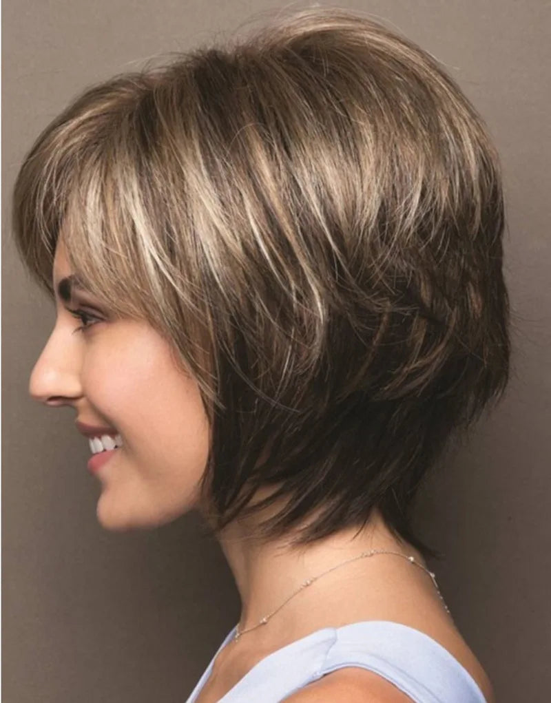 Short Hair Wigs with Bangs Dark Brown Mixed Blonde Pixie Cut Wig for Women Straight Synthetic Fiber Wigs