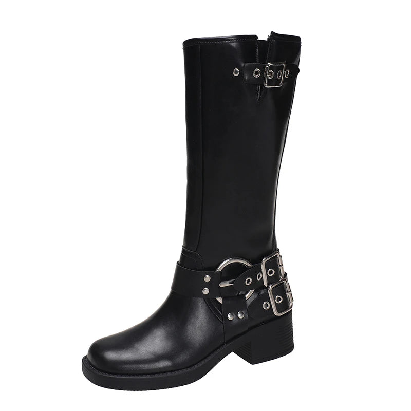 Winter Women Knee High Boots Fashion Belt buckle Long Boots Female Elegant Thick Heel Women's Knight Botties