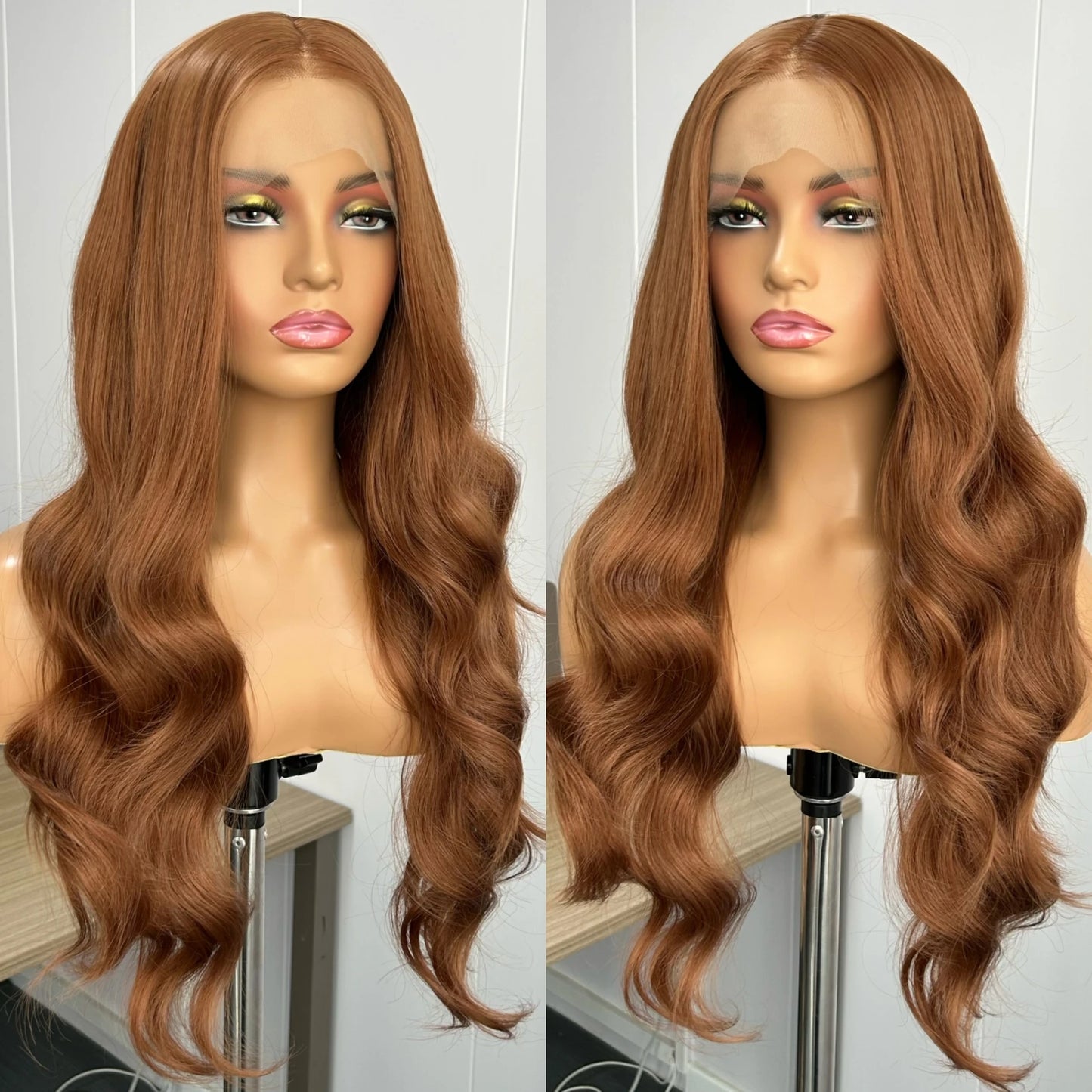 Ginger Brown Long Body Wave Synthetic Middle Part Natural Curly Loose Wavy Reddish Brown Heat Resistant Fiber Wigs for Women