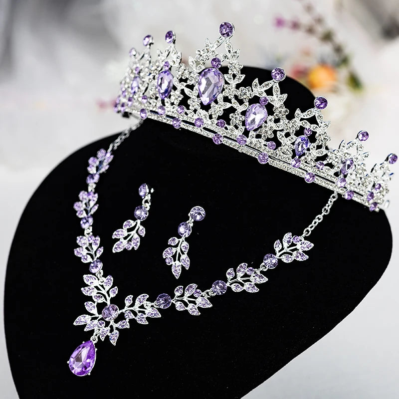 Luxury Silver Crown Necklace and Earring Set for Women, Purple Teardrop Tiara with Leaf Choker and Dangle Earrings, Wedding Prom