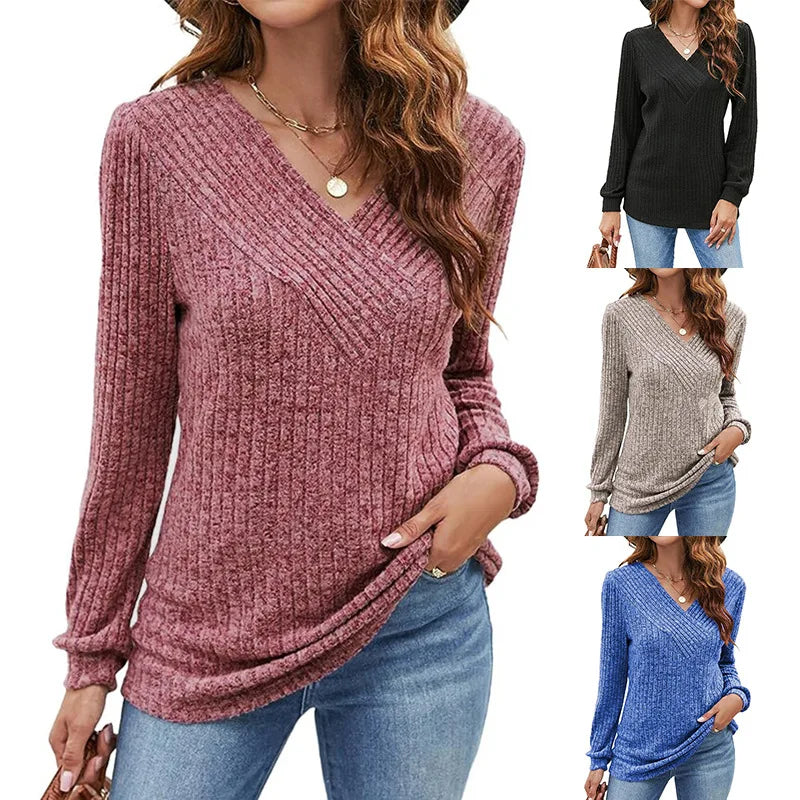 4 Colors V-Neck Knitted Top Women Elegant V-Neck T-Shirt Autumn Winter Pullover Blouse