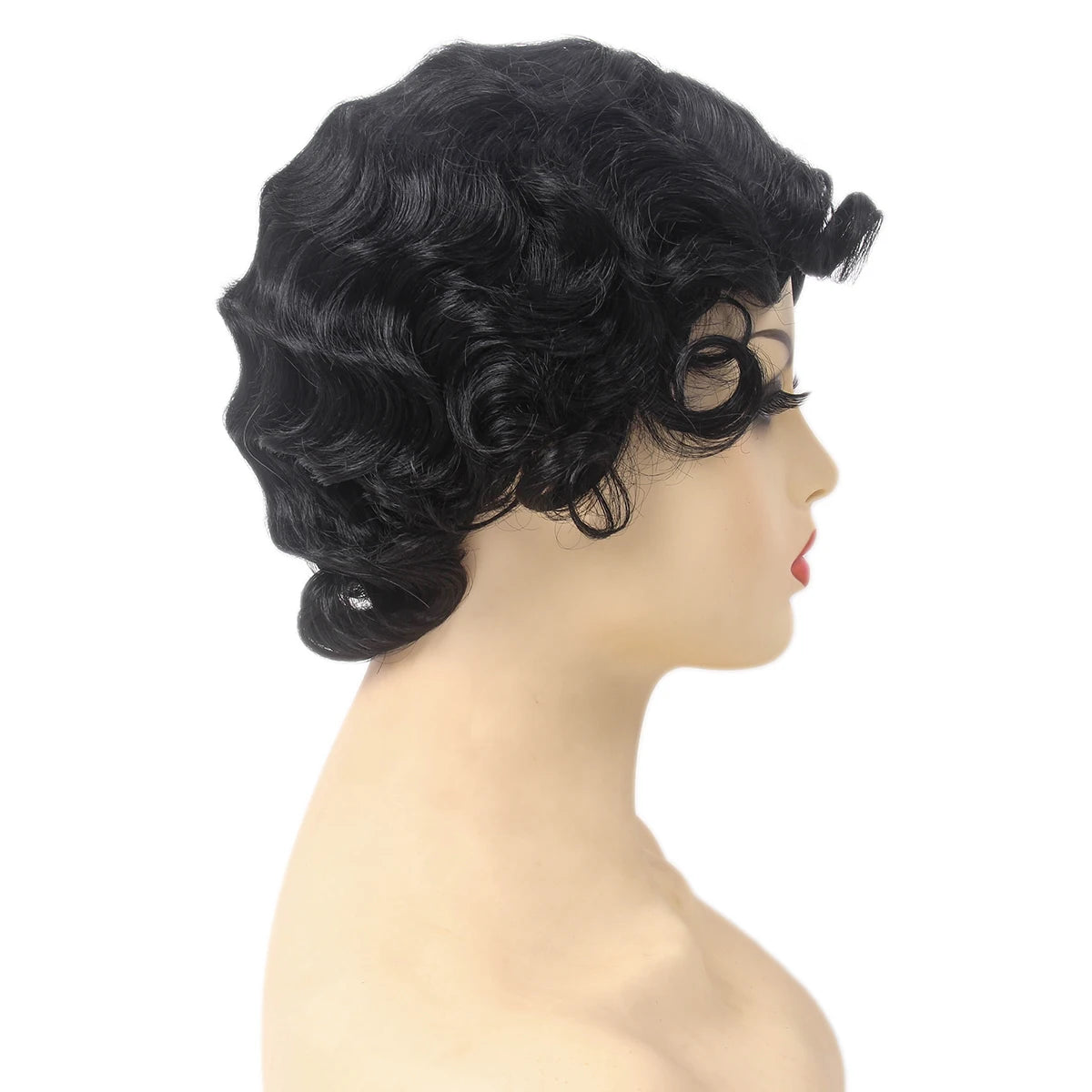 REEWES Short Curly Finger Wave Wigs With Oblique Bangs 1920s Retro Wavy Cosplay Costume Wig Classy Vintage Wavy Style For Women
