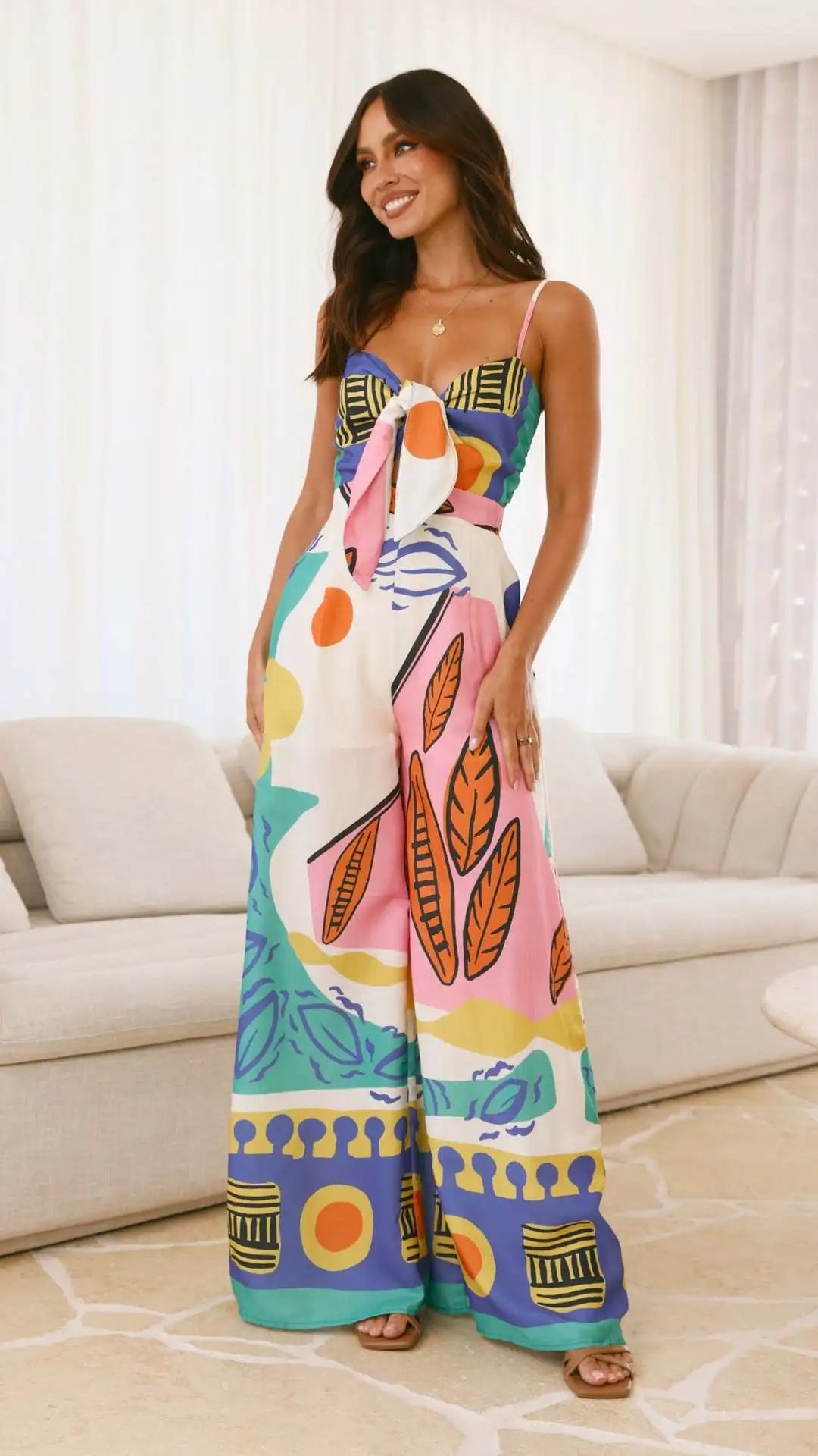 VEITCHE Summer Style Women Print Spaghetti Strap Jumpsuits Sexy Hollow Out Leace-up High Waist Wide Legs Bohemian Jumpsuit