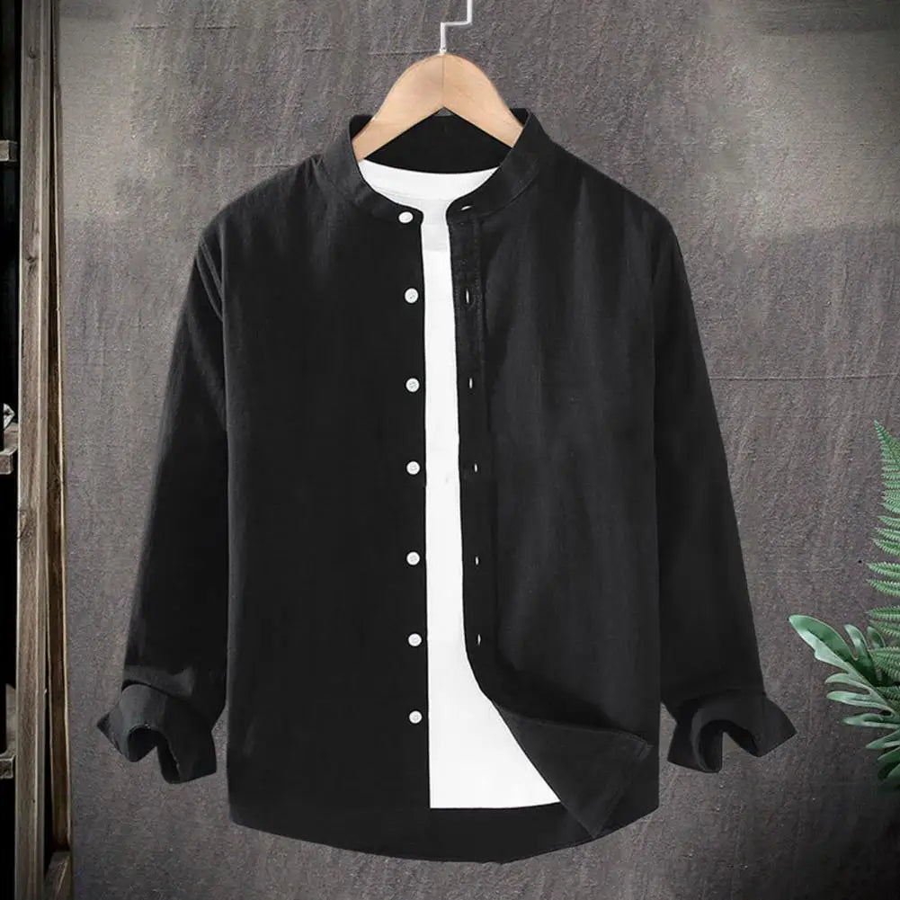 Men Shirt Men's Stand Collar Cardigan Shirt Solid Color Single-breasted Long Sleeves Soft Casual Coat for Fall Plus Size Mid