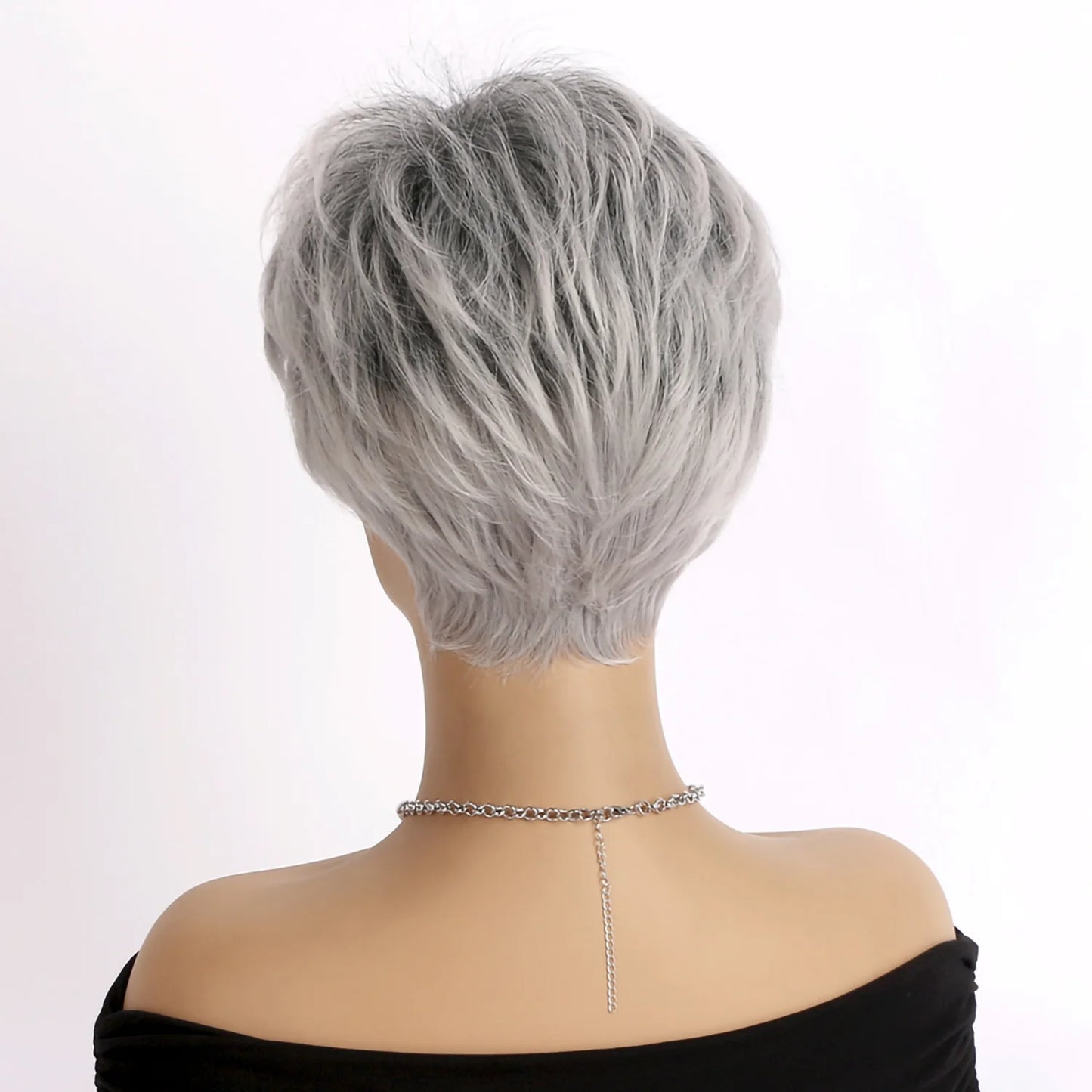 Short Grey Wigs for Women Gray White Pixie Cut Wigs with Dark Root Layered Synthetic Short Hair Wigs Natural Looking