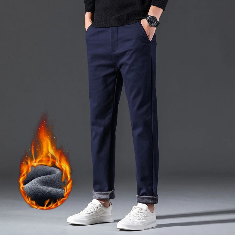 Winter Mens Clothing Warm Casual Pants 98% Cotton Fleece Straight Business Thicken Men Pants Stretch Classic Velvet Trousers