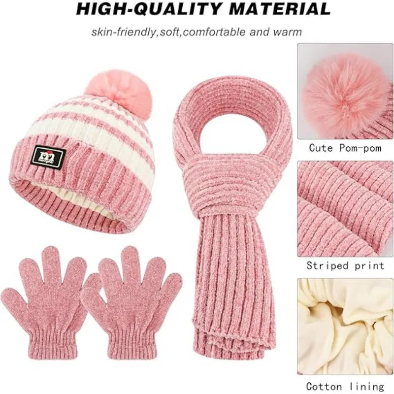 Children's winter hat scarf glove set, warm hat with neck warm gloves hat scarf suitable for girls and boys 6-14 years old.