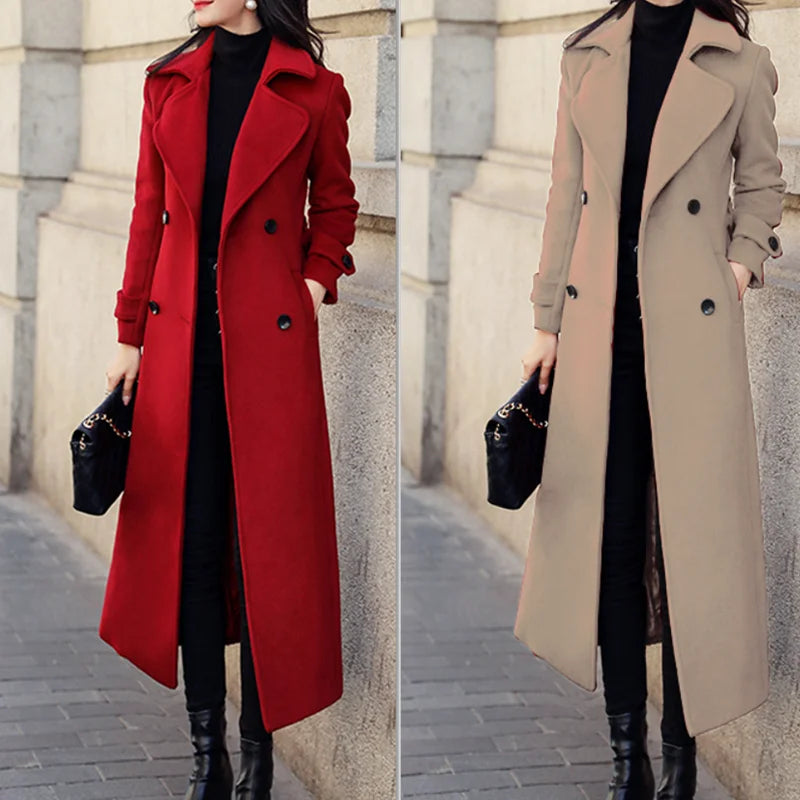 Winter Women's Coat Woolen Long Trench Outerwears Double-breasted Coats Belt Lapel Warm Streetwear Temperament Tops Jacket S-3XL